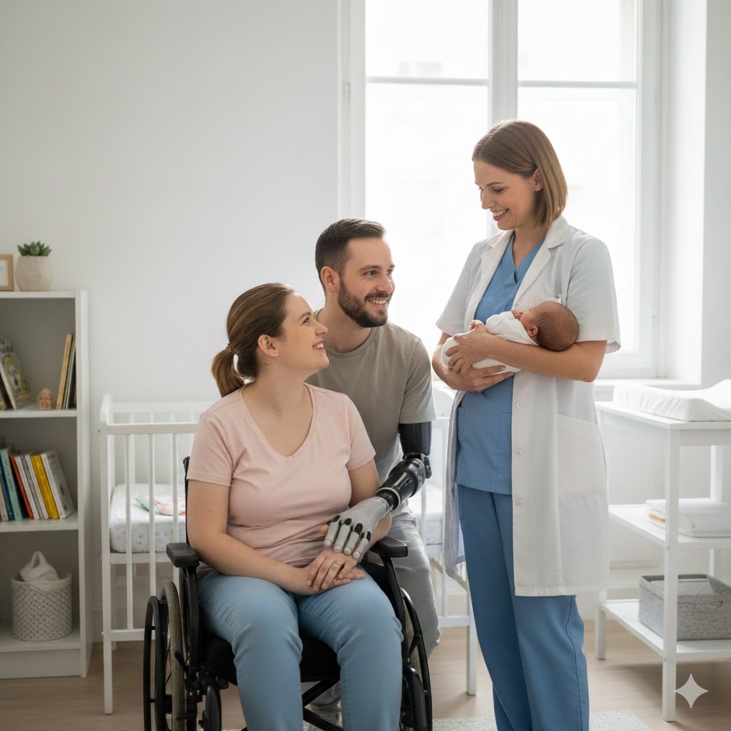 Parent en situation de handicap avec son bébé et un professionnel de santé