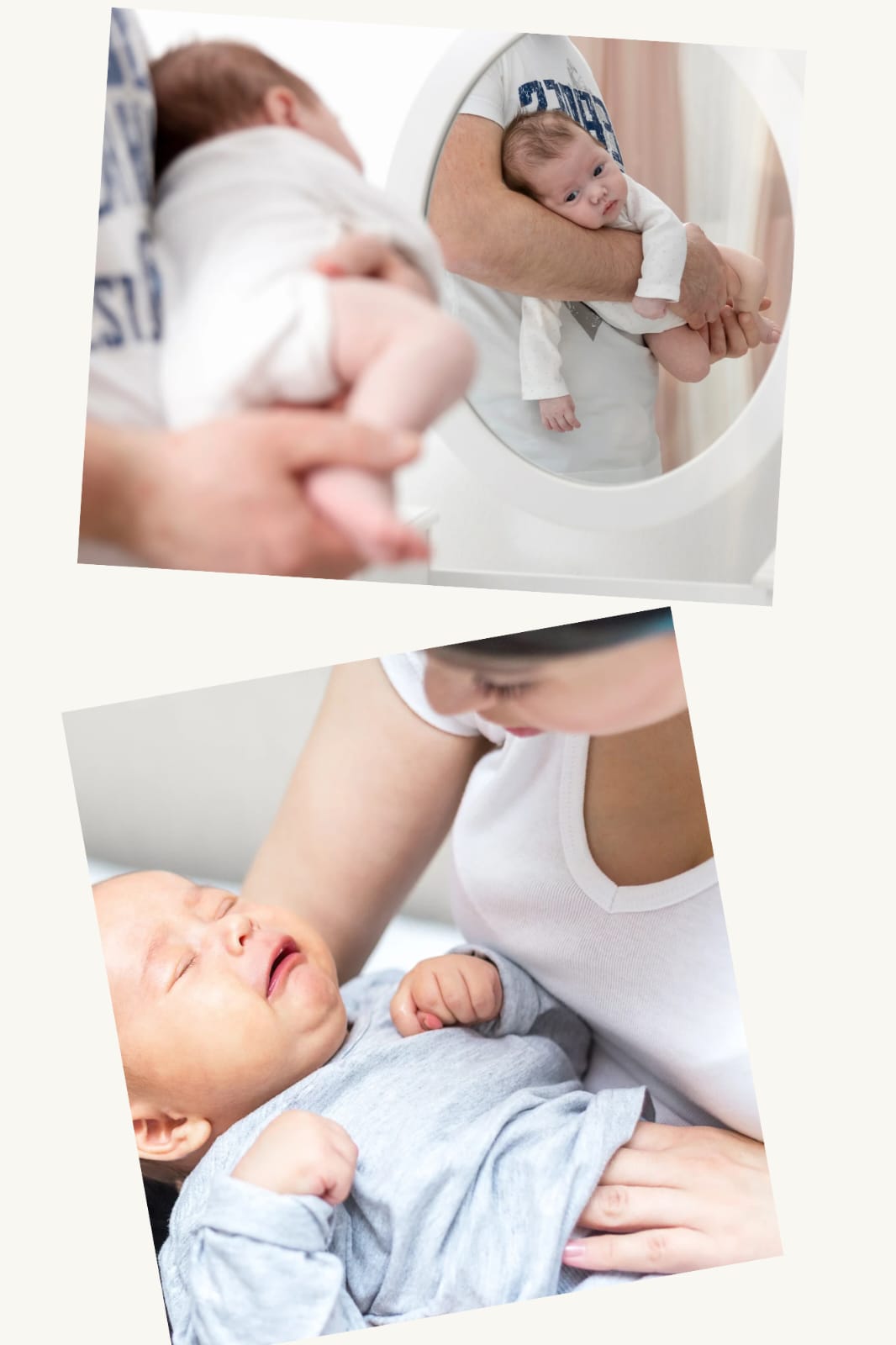 Bébé en pleurs souffrant de coliques du nourrisson, réconforté dans les bras d'un parent.