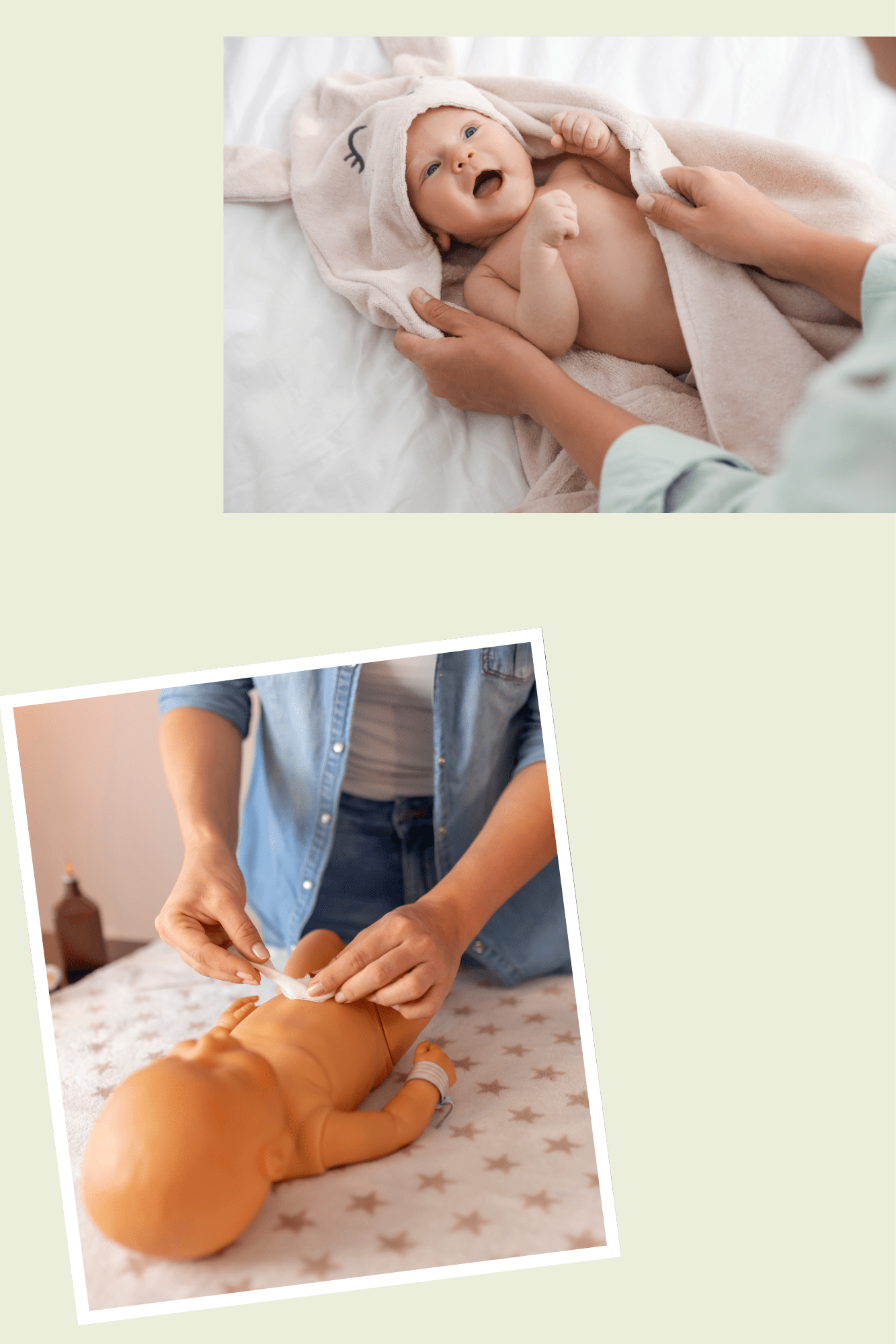 Bébé enveloppé dans une serviette après le bain et démonstration des premiers soins sur un poupon.