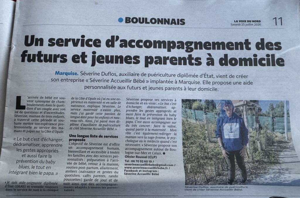 Article de La Voix du Nord présentant Séverine Duflos, auxiliaire de puériculture et fondatrice de Séverine Accueillir Bébé