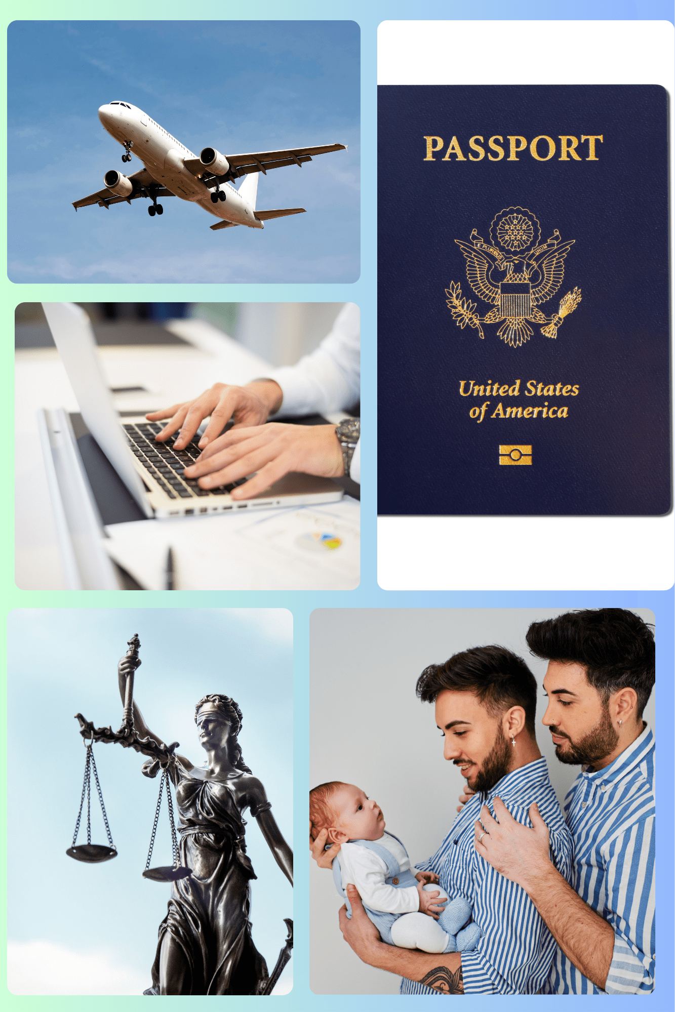 Deux papas arrivent dans un aéroport français avec leur nouveau-né. L’un tient doucement le bébé contre lui dans un porte-bébé, tandis que l’autre transporte une petite valise et une pochette contenant les documents de voyage. Les deux hommes semblent fatigués mais heureux et rassurés. Décor d’aéroport lumineux et discret, sans marque ni texte visible. Photographie réaliste, naturelle, chaleureuse et inclusive, avec des couleurs crème et bleu doux. Cadrage horizontal, espace libre sur un côté pour intégrer éventuellement un titre. Aucun drapeau arc-en-ciel exagéré, aucune mise en scène caricaturale.