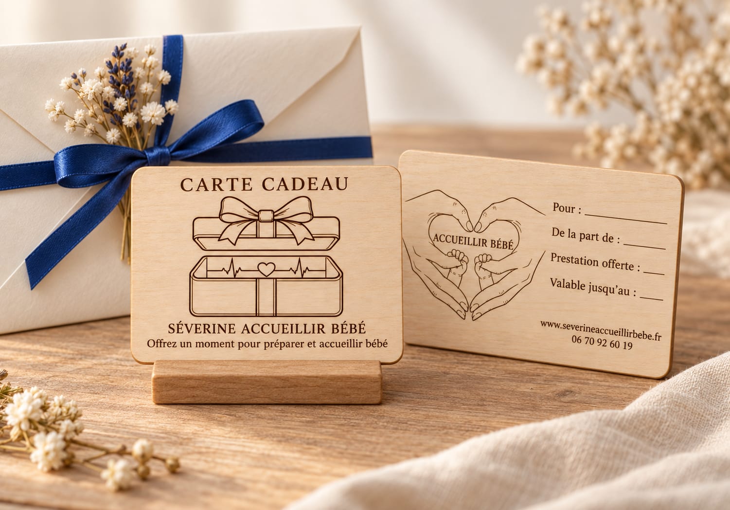 Carte cadeau en bois gravée « Séverine Accueillir Bébé », présentée avec son recto, son verso, un support en bois et une enveloppe ornée d’un ruban bleu.