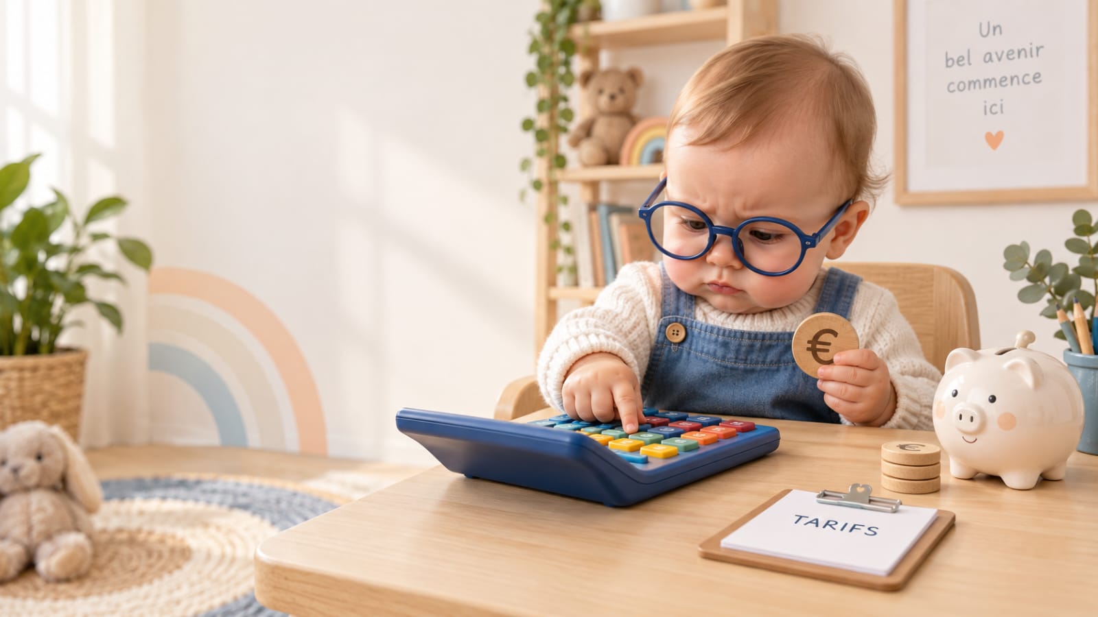 Un bébé très concentré, portant de grandes lunettes bleues, utilise une calculatrice devant une tirelire et des jetons en bois. Cette scène humoristique illustre la page des tarifs de Séverine Accueillir Bébé avec douceur, simplicité et bonne humeur.