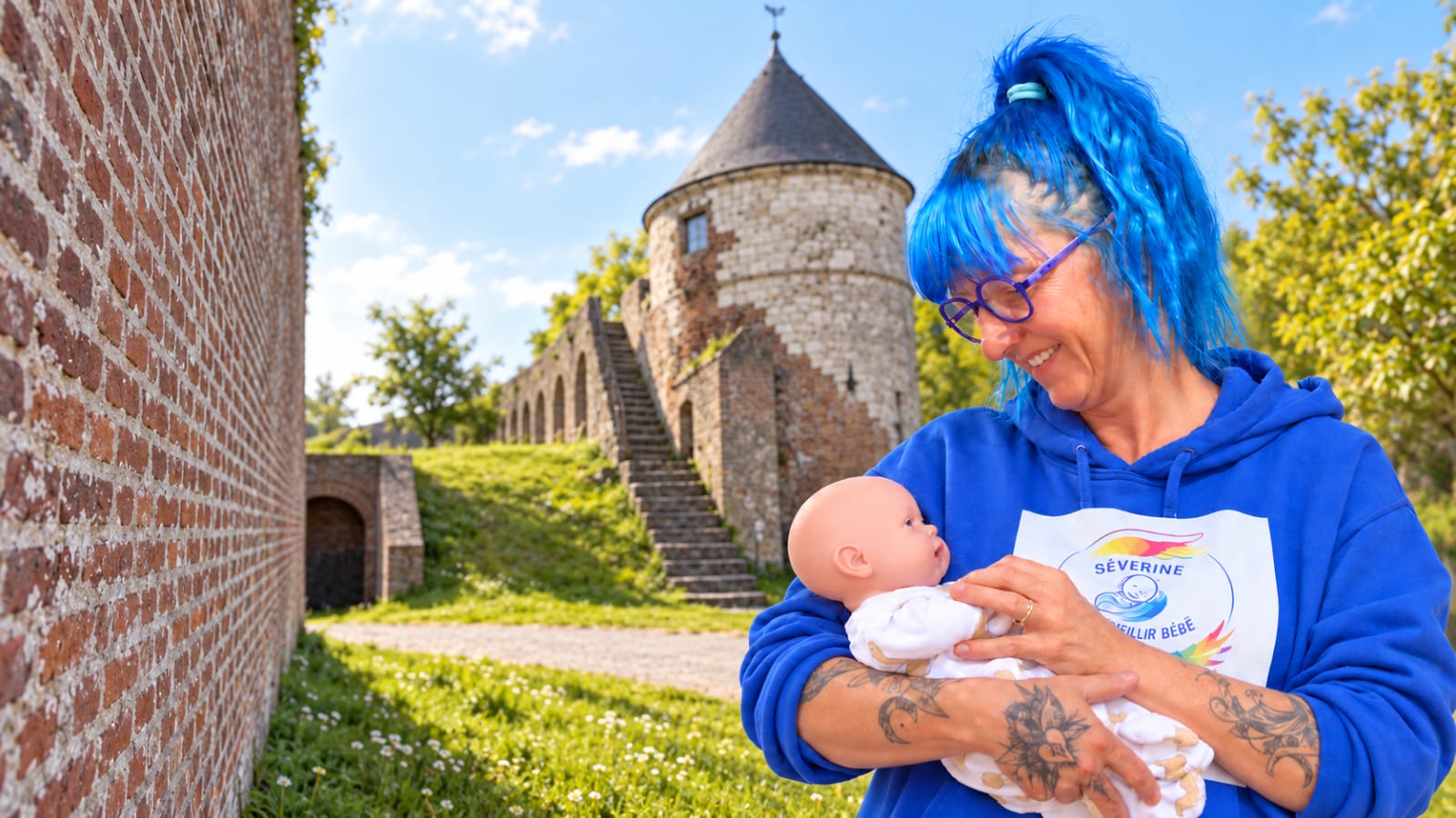 Portrait de Séverine Duflos, accompagnante périnatale à montreuil-sur-Mer, souriante face à la mer, vêtue d’une blouse bleue.