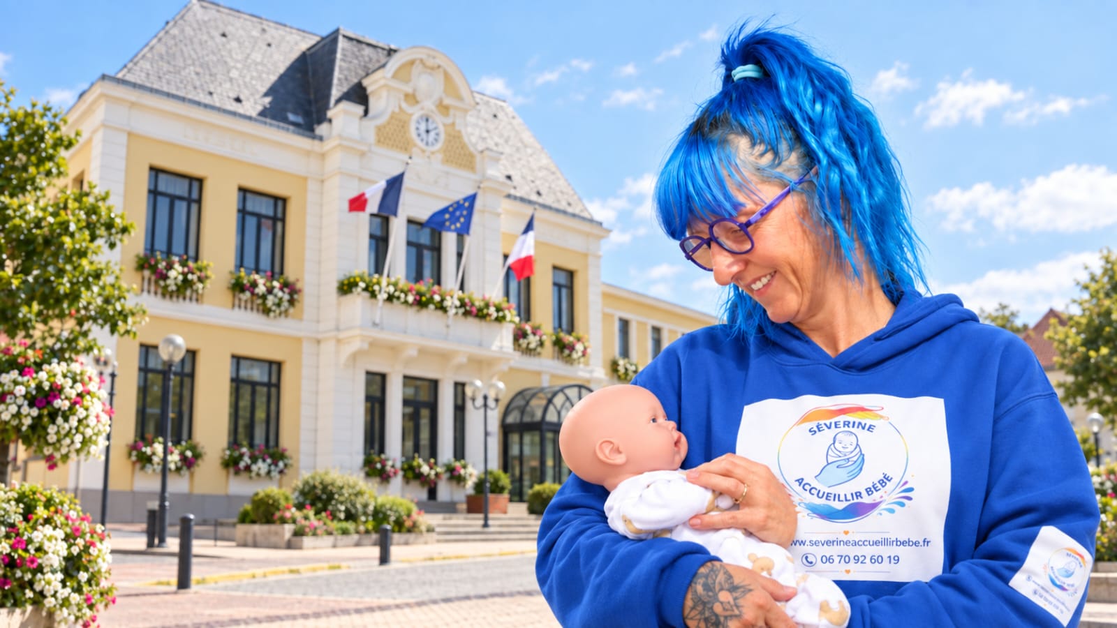 Portrait de Séverine Duflos, accompagnante périnatale à Saint martin Boulogne souriante face à la mer, vêtue d’une blouse bleue