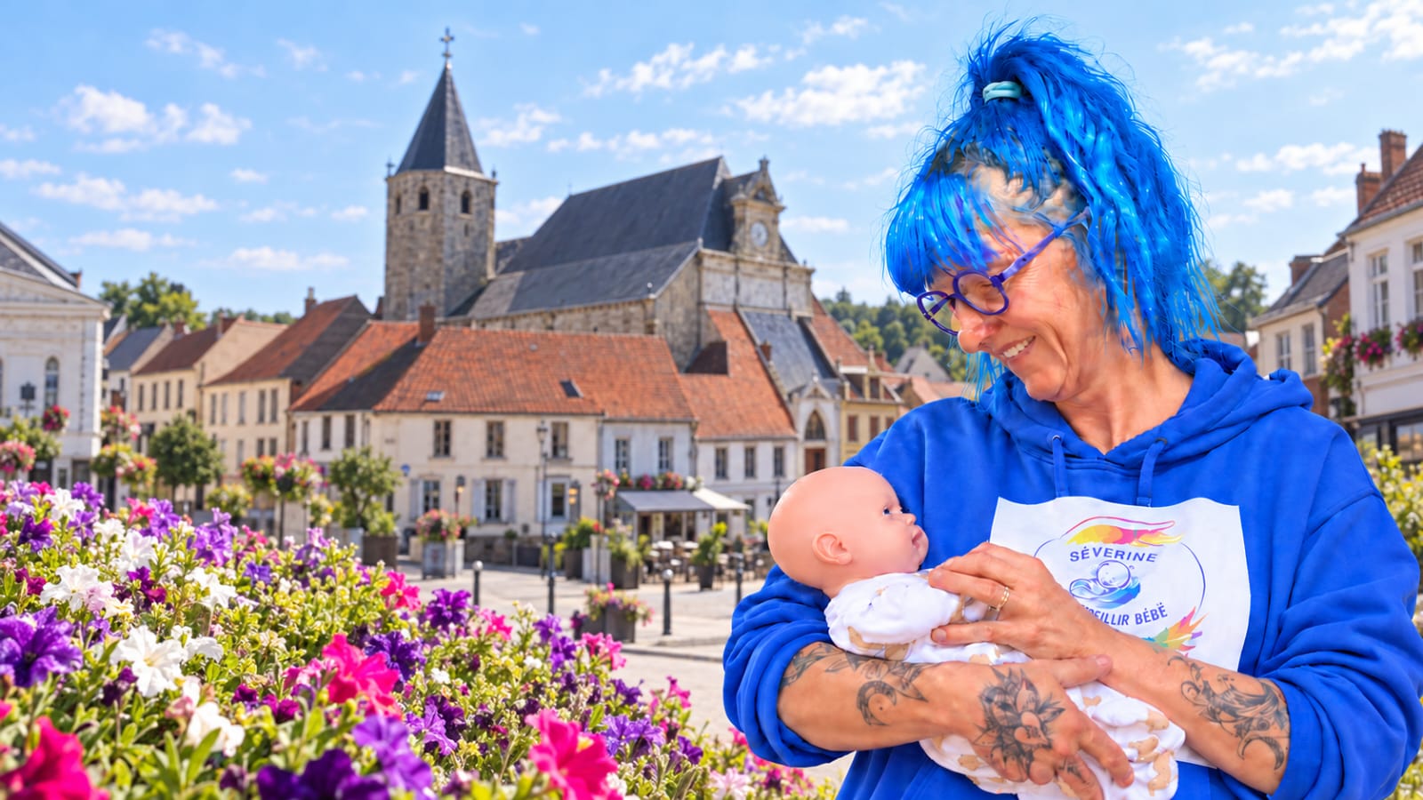 Portrait de Séverine Duflos, accompagnante périnatale à samer desvres, souriante face à la mer, vêtue d’une blouse bleue