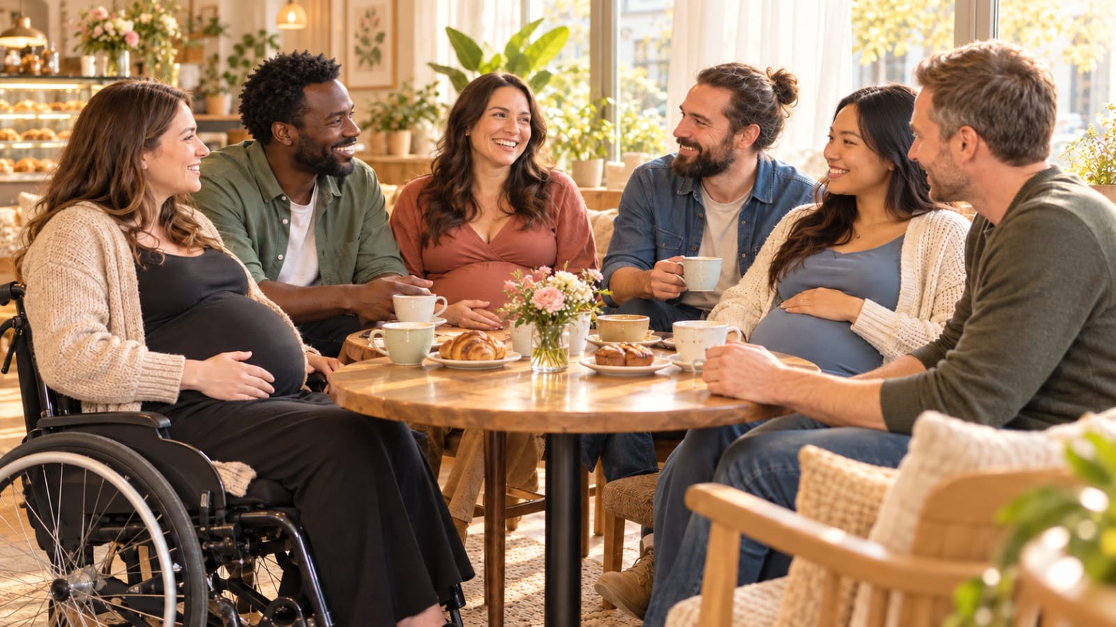 Dans un café lumineux et chaleureux, des futures mamans et des futurs papas partagent un moment convivial autour d’une boisson. Parmi eux, une femme enceinte en fauteuil roulant participe pleinement aux échanges. Cette scène représente un espace bienveillant, inclusif et sans jugement, où chaque futur parent peut parler librement de ses questions, de ses expériences et de l’arrivée de bébé.
