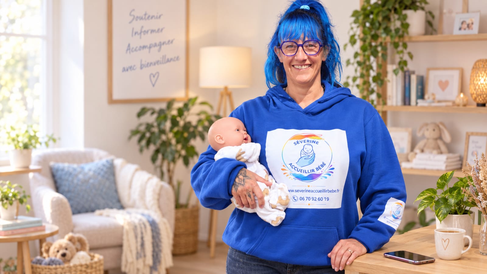 Séverine, auxiliaire de puériculture aux cheveux bleus et aux lunettes bleues, sourit en tenant un poupon dans un espace chaleureux dédié à l’accompagnement des futurs et jeunes parents.